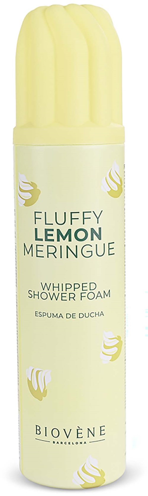 En lång flaska med gul kork och etikett, som marknadsför vispad duschskum kallad Fluffy Lemon Meringue.