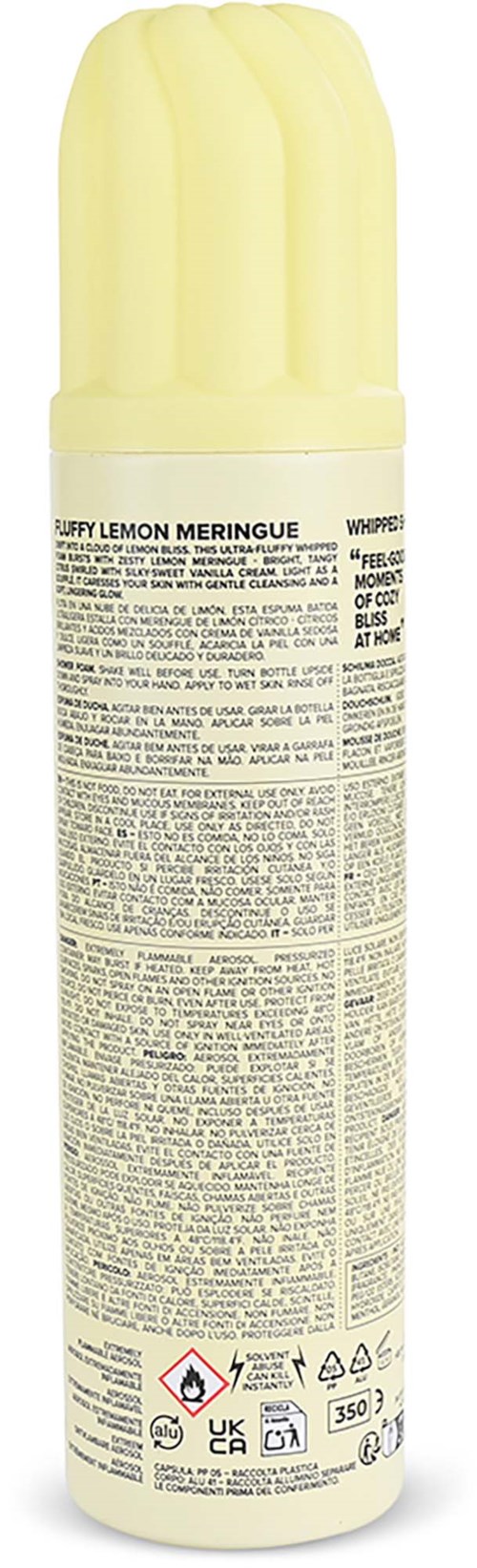 Ett ljusgult läppbalsam i rör med etiketten fluffig citronmaräng och detaljerade instruktioner och varningar.
