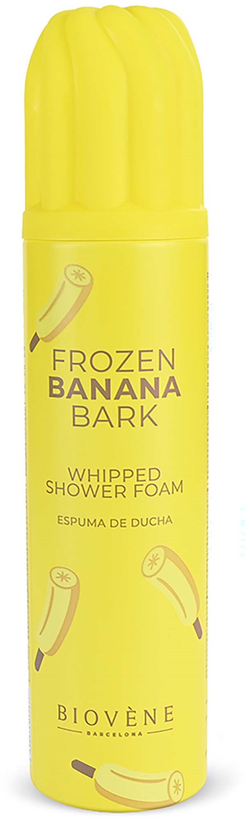 Yellow bottle with banana illustrations, labeled as frozen banana bark whipped shower foam by Biovène.
