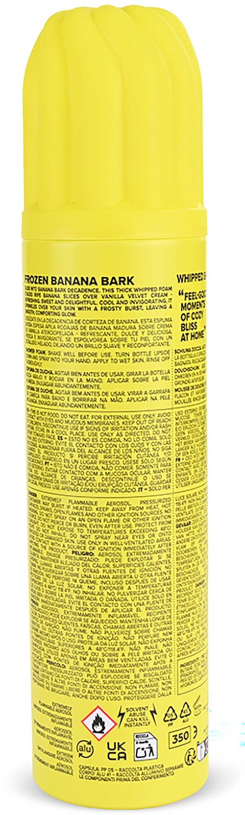 This is a yellow container with a cap, likely spray or foam, labeled Green Banana Bark. It has many small texts and symbols.
