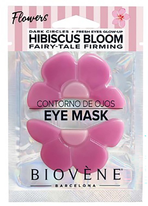 Packaging for a pink eye mask with flower shapes, labeled for eye contour, with hibiscus scent and fairy-tale firming.