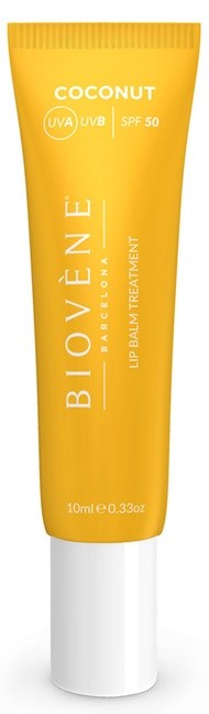 Żółta tubka balsamu do ust z SPF 50 i kaśmirowym odcieniem, oznaczenie Biovène, ochrona UV, 10ml.
