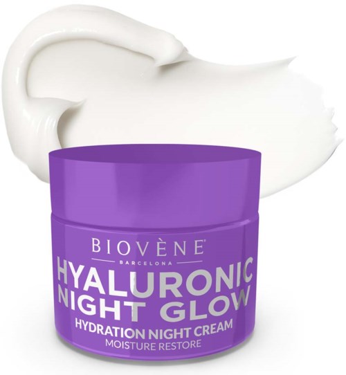 Lila burk med Biovène Hyaluronic Night Glow-kräm, med vit kräm på toppen.