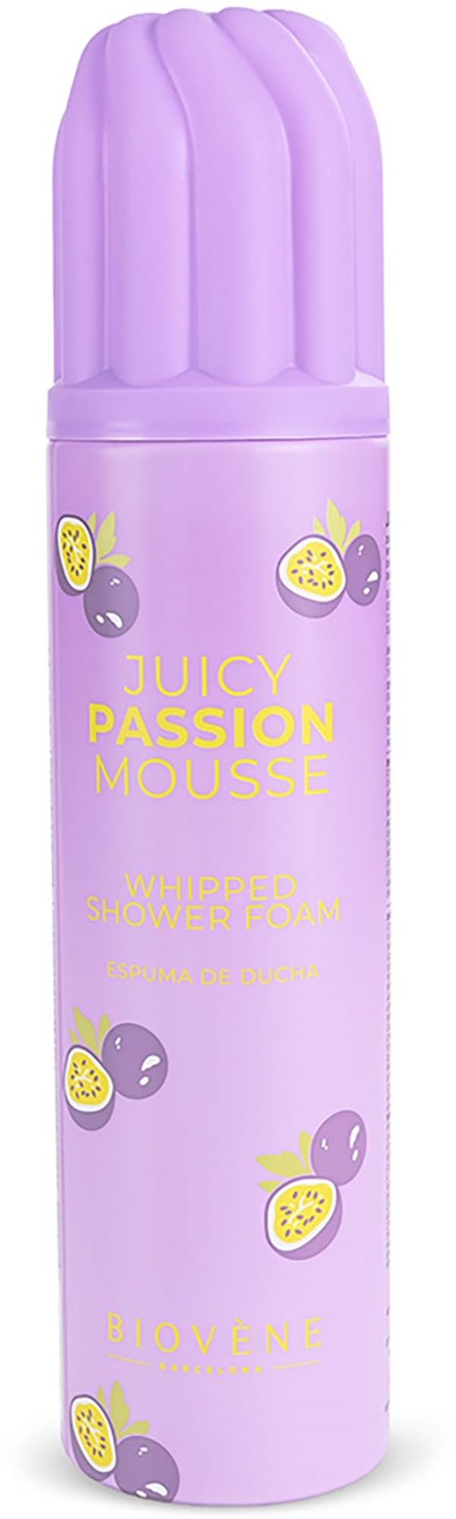 Ljuslila mousse spray med passionsfruktsillustrationer och gul text på lavendelfärgad bakgrund.
