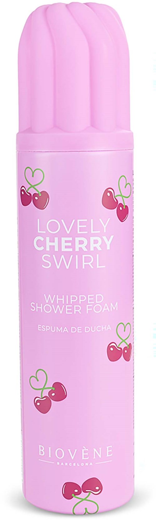 En rosa duschsprayburk med körsbärs- och rosettdesigner, märkt Lovely Cherry Swirl av Biovene.