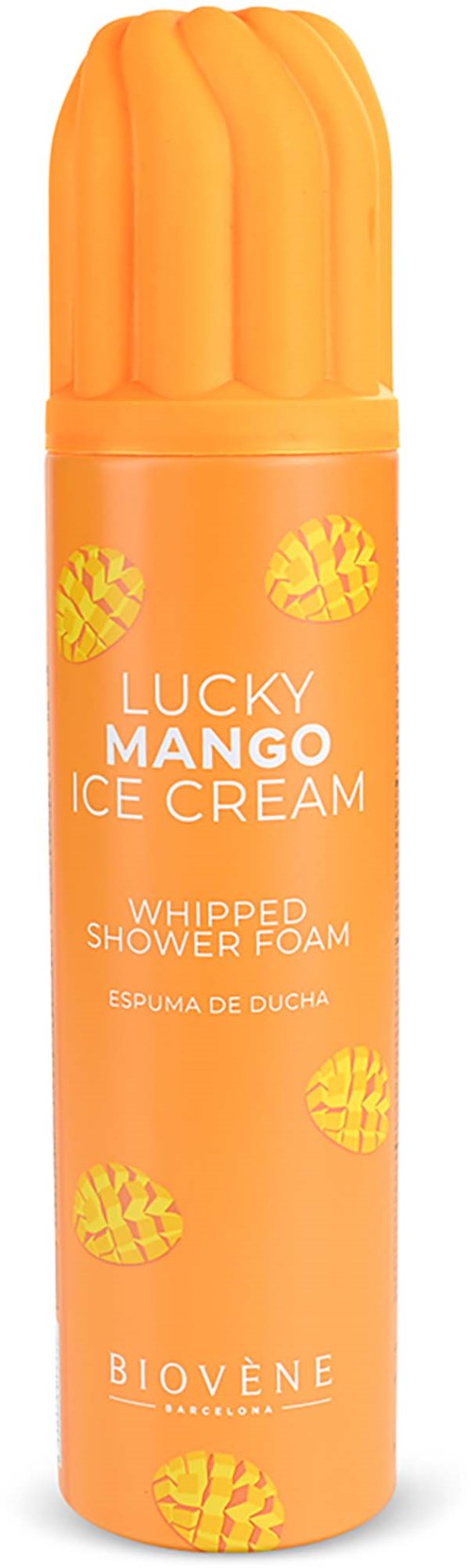 En ljus orange duschspraysburk med mango smak och illustrationer av mango skivor på den.