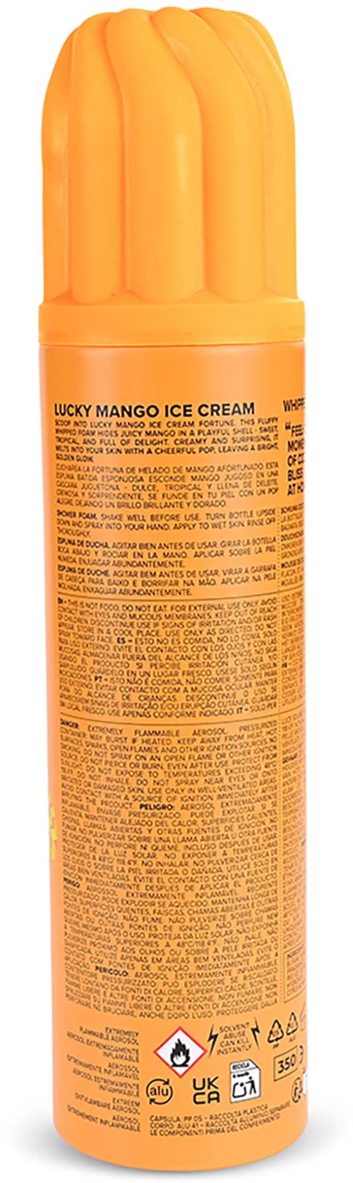 En burk av Lucky Mango Glass med en ljus orange kork och etikett, detaljer om ingredienser och varningar.