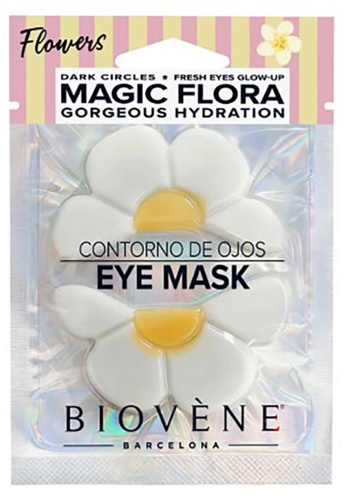 Pakke med øyemaske formet som hvite blomster med gule stener, merket for hydrering og glød.