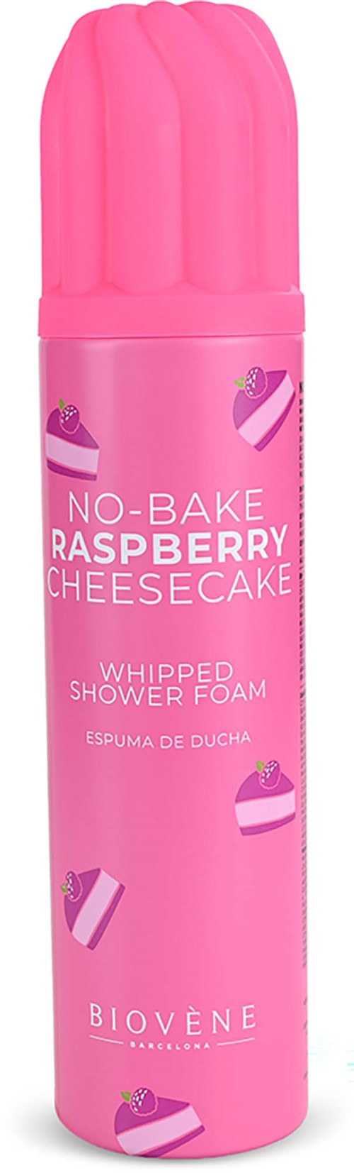 Närbild på en rosa burk med raspberry cheesecake duschskum och bilder av tårta.