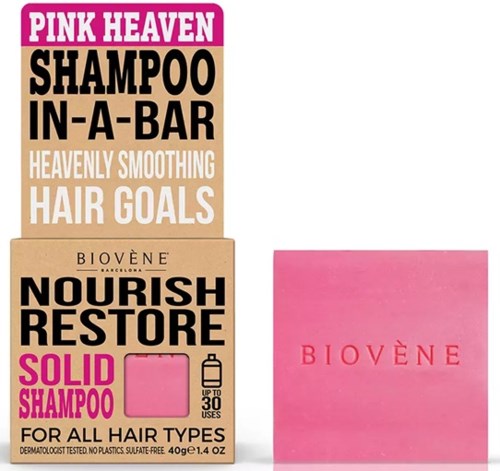 To shampoo-emballager og en pink boks med ordene 'Biovène' vises. En æske promoverer fast shampoo til alle hårtyper.