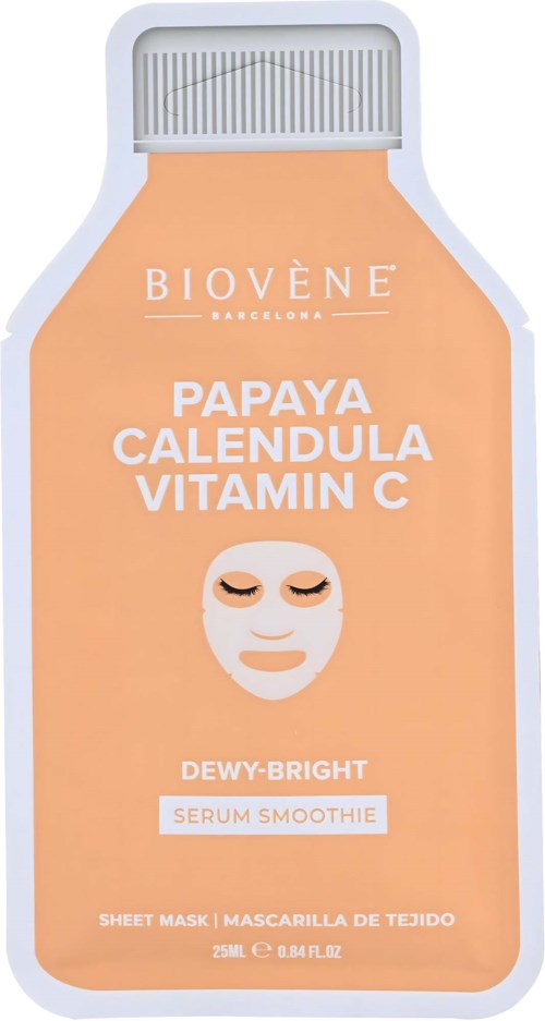Kasvonaamion etiketti papaya, kehäkukka ja C-vitamiini, kasvonaamio ja tuotetiedot.