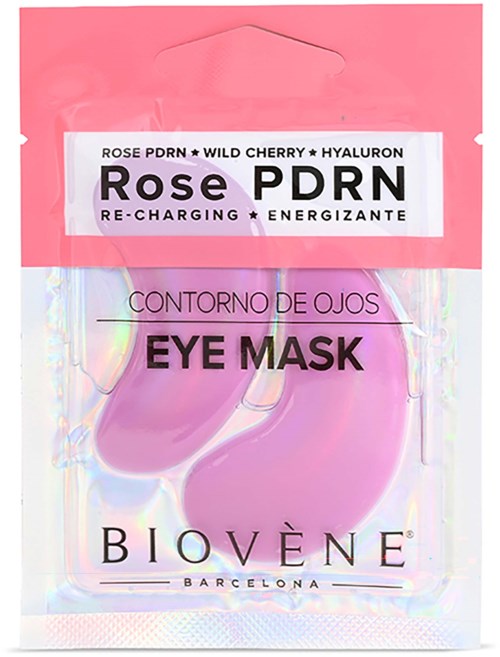 Holografiskt paket med rosa bakgrund, etikett som säger Rose PDRN, ögonmask, och Biovene Barcelona.