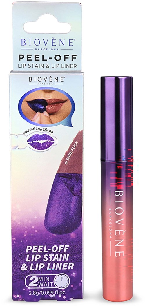 Lip stain and liner come in a purple tube, with packaging showing lips and a peel-off stain concept.