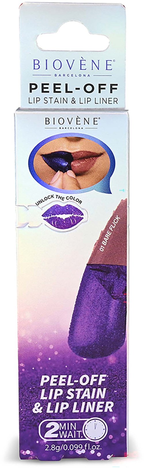 A purple and white box contains a peel-off lip stain and lip liner for color. It shows lips with dark lipstick.