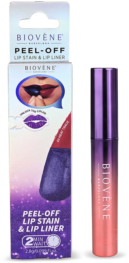 Lip stain and lip liner peel-off product with purple packaging and a small sponge applicator.