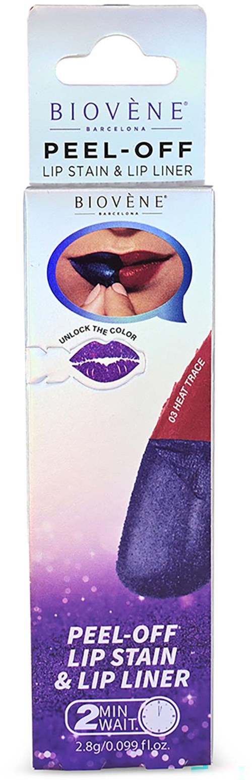 Peel-off lip stain and liner with a sponge applicator, colorful packaging, and a lip illustration.