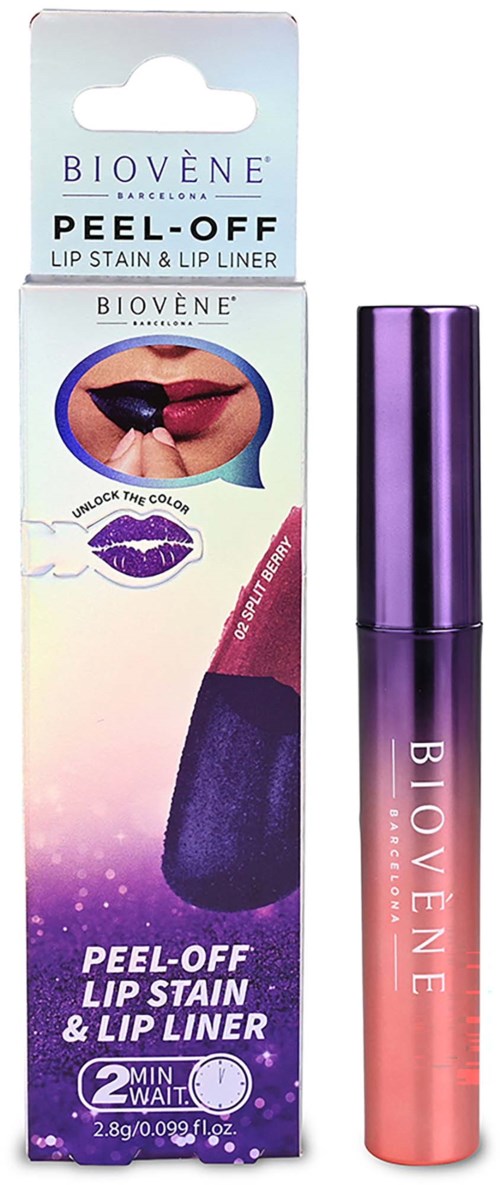A lip stain and liner product with purple and pink colors, includes a purple applicator, branded Biovene.