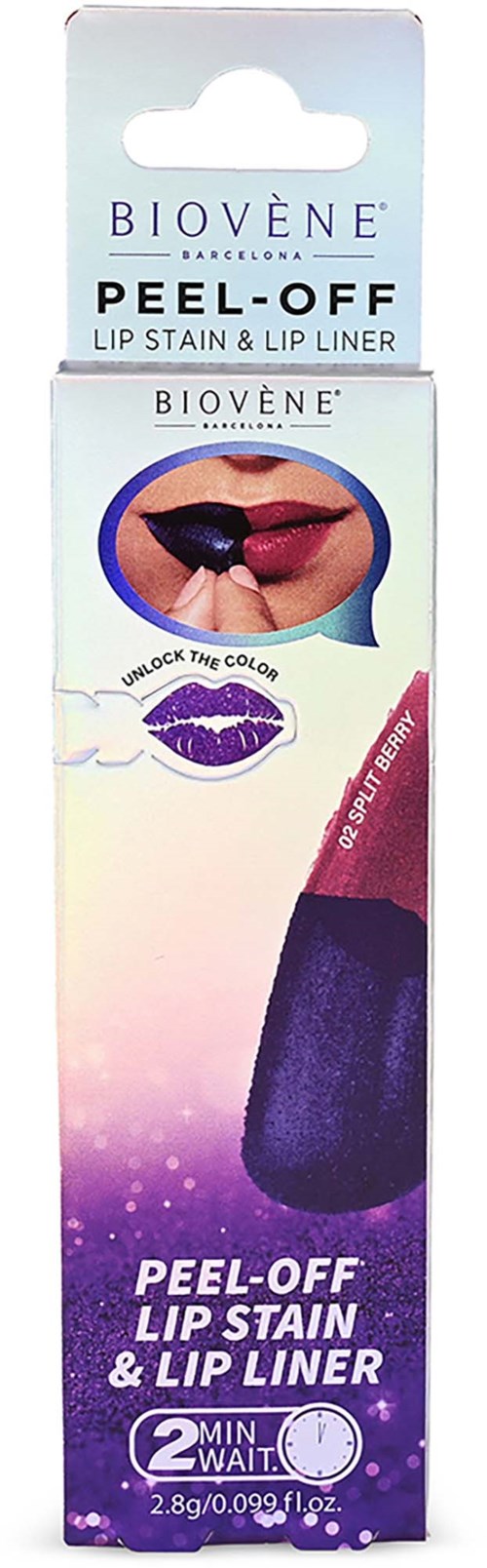 Peel-off lip stain and lip liner with long-lasting color and quick removal within two minutes.