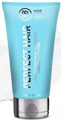 Blå tub märkt 'PERFECT HAIR' för hårvård, med ett glansigt lock. Innehåller 120 ml produkt.
