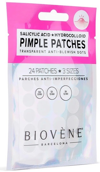 Small pink and white package containing 24 transparent acne patches in three sizes, made with salicylic acid and hydrocolloid.
