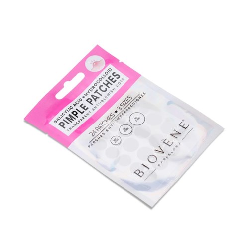 Packaging for skincare patches, containing 24 patches for face, forehead, and nose. Pink and white design.
