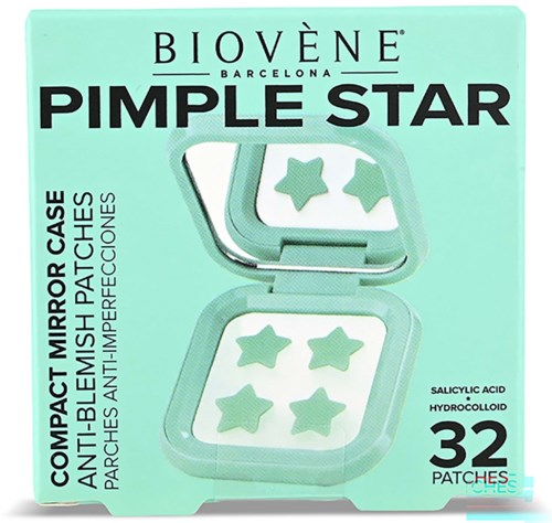 En mintgrønn eske inneholder Pimple Star-plaster med fire stjerneformede plaster på et speil. Den nevner anti-blemish og hydrocolloid.