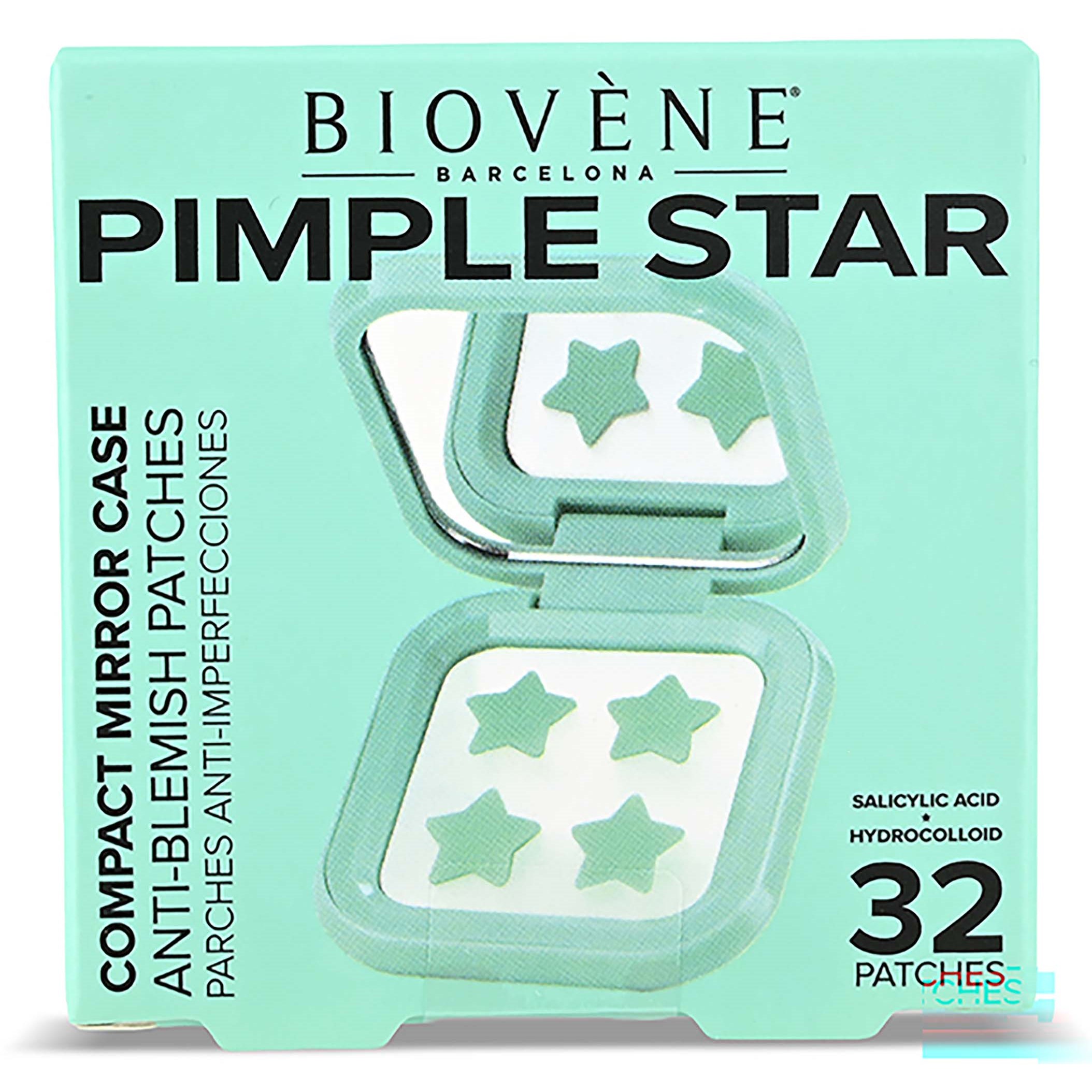 Biovène PIMPLE STAR PATCHES & MIRROR CASE Green Pimple Patches - Anti-Blemish Stars in portable mirror case, 32 patches 4 g