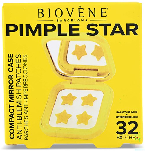 En gul æske med Biovène Pimple Star med 32 klistermærker, til behandling af akne, med spejlæske og stjerneformede klistermærker.