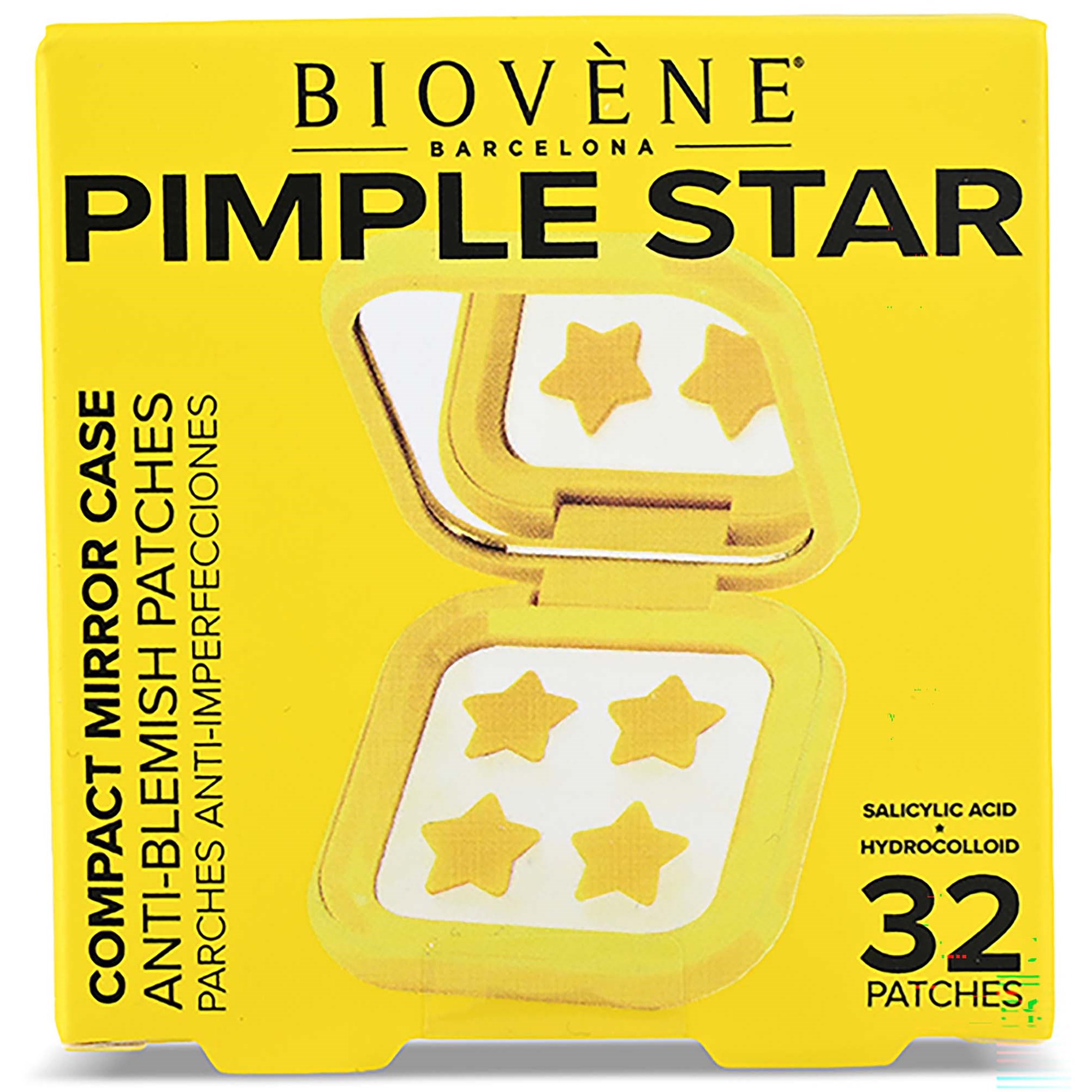 Biovène PIMPLE STAR PATCHES & MIRROR CASE Yellow Pimple Patches - Anti-Blemish Stars in portable mirror case, 32 patches 4 g