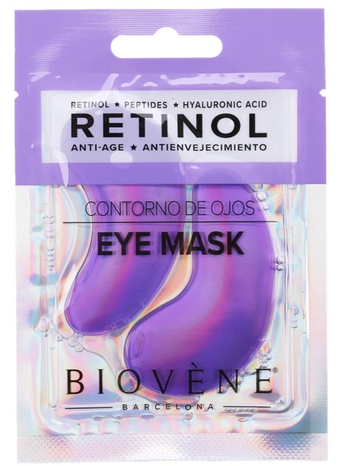 Förpackning med Biovène ögonmaskar med lila gelkuddar, märkta som anti-åldrande med retinol och hyaluronsyra.