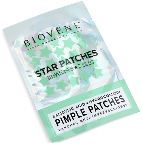 Ett paket med stjärnformade munsårs plåster från Biovène, med 28 plåster i tre storlekar, med salicylsyra och hydrocolloid.
