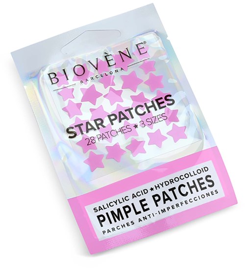 Pink stjärnformade plåster för finnar med salicylsyra och hydrocolloid, i ett paket med 28 stycken.