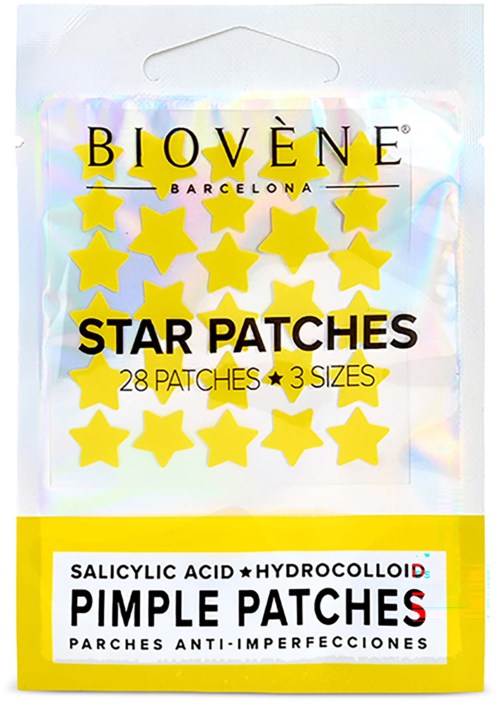 Ett paket med gula stjärnformade lappar kallade Biovene Star Patches, med 28 lappar i tre storlekar för hudvård.