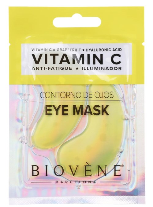 Påse med ögonmasker med C-vitamin, grapefrukt och hyaluronsyra för trötta ögon.