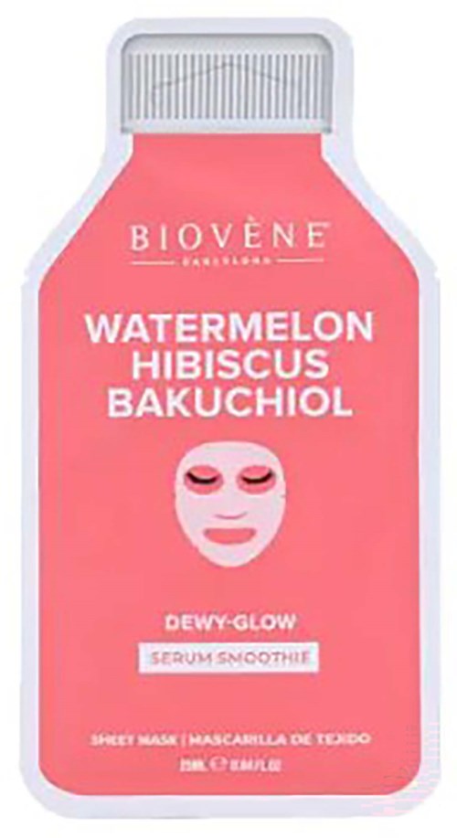 Ett rosa paket med ansiktsmask med ansiktsmaskbild och text om vattenmelon, hibiskus och Bakuchiol ingredienser.