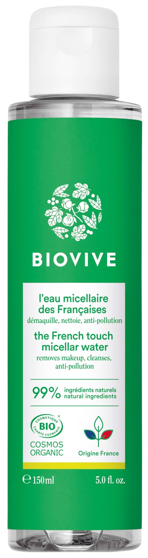 Grön flaska med etiketten 'BioVive' för fransk micellärvatten, 150 ml, med ekologiska och naturliga ingredienser.