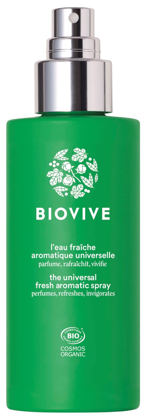 Green spray bottle with a silver cap, labeled 'BIOVIVE' and 'refreshing aromatic spray,' with plant symbols on it.