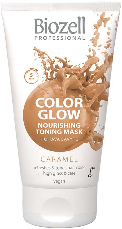 En tub med Biozell Color Glow närande toningsmask med karamelldoft, avsedd att fräscha upp hårfärgen, vegansk.