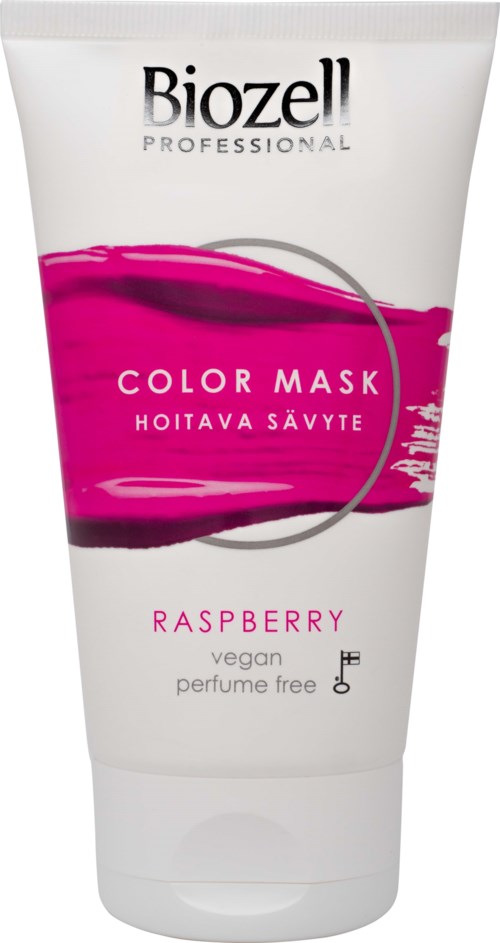 Valkoinen Biobeauty Color Mask -putkil, jossa on pinkki etiketti, kertoo sen olevan vegaani, hajusteeton, hiuksille ja vadelmalle.