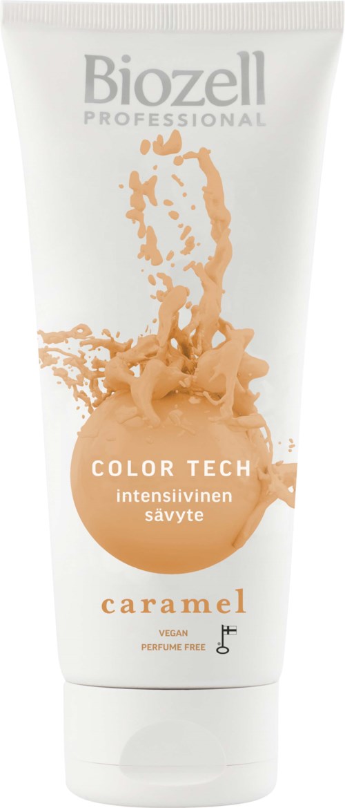Biogel Professional Color Tech caramel hårfärgningsrör med splash-design, märkt som vegan och parfymfri. För intensiv färgning.