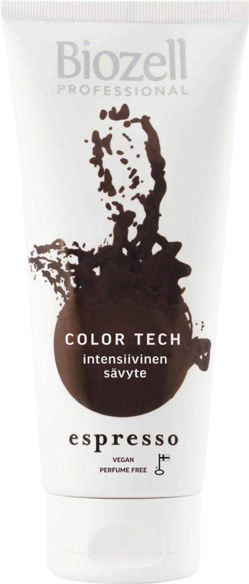 Vit tub med brunt kaffearg design, märkt Biozell Professional Color Tech espresso, vegansk och parfymfri.