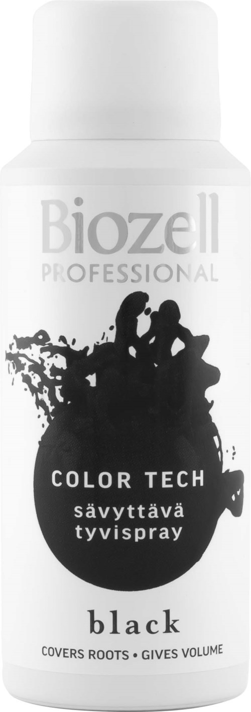 Valkoinen suihkepullo, jossa lukee Biozell Professional, Black, Color Tech, peittää juuret, lisää volyymia ja on hiuksille.