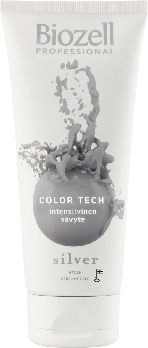 En vit hårfärgstub märkta 'Biozell Professional Color Tech Silver'. Den är vegansk och parfymfri.