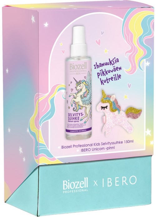 Unicorn-teemainen rauhoitussuihke, pastellisävyjä ja unicorn-pehmolelu värikkäässä pakkauksessa.