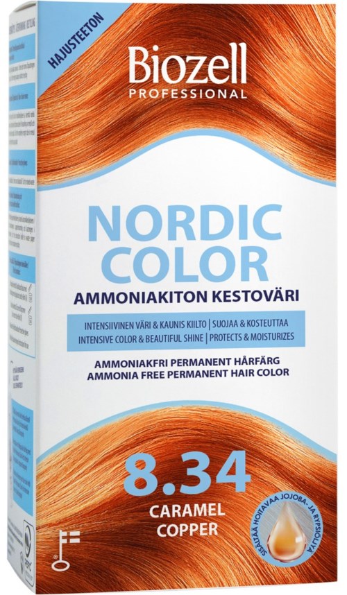 Förpackning av hårfärg med orange hårstrån, blå och vit förpackning, visar färg 8.34 karamellkoppar. Texten beskriver hårfärgens egenskaper.