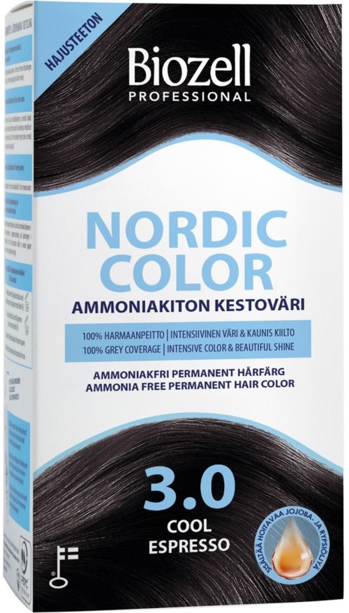 En boks hårfarge kalt 'Nordic Color' med svarte hårstriper på forsiden, indikerer en kald, ammoniakfri, permanent hårfarge.