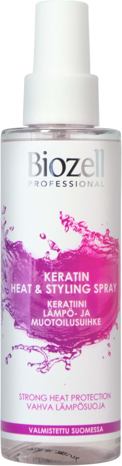 Eine klare Sprühflasche mit weißem Deckel und pinkem Etikett, bewirbt Keratin-Hitzespray für Haare.