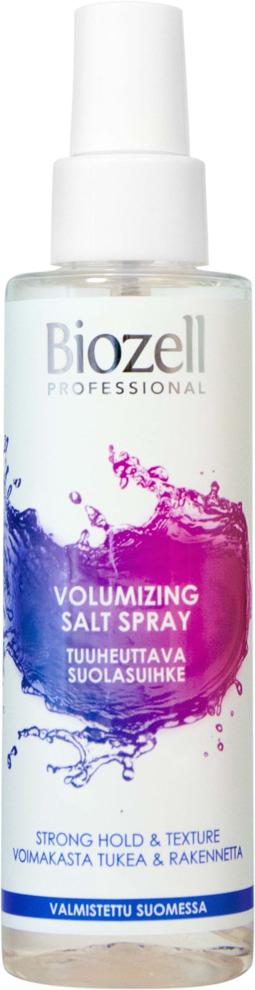 En sprayflaska märkt Biozell professional, rosa och blå splashdesign, för volym och hållbarhet, tillverkad i Finland.