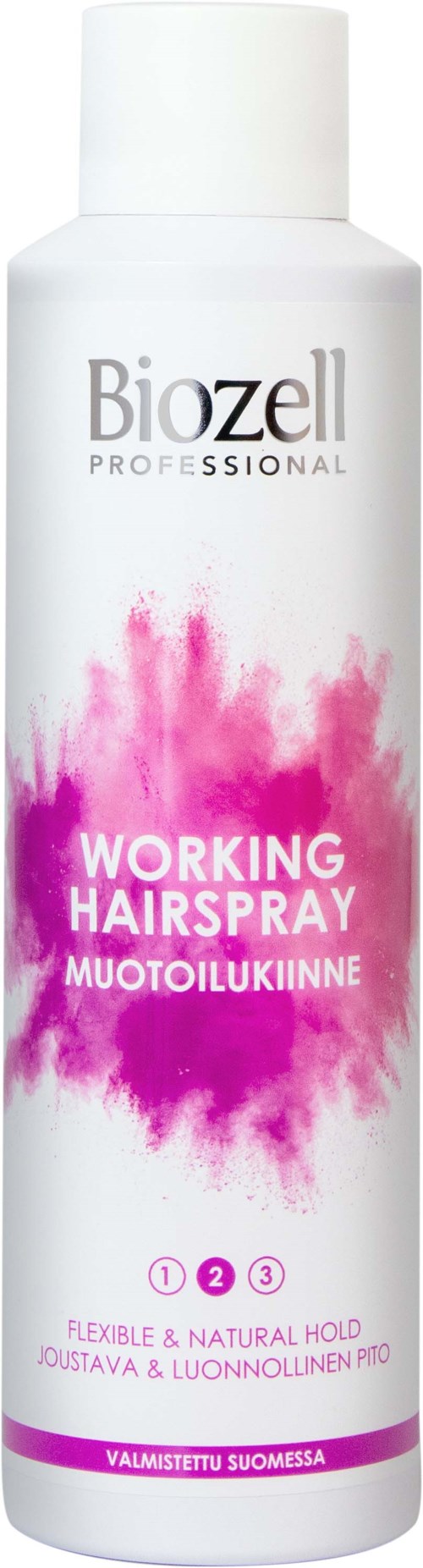 En vit flaska med rosa splash-design, märkt 'Working Hairspray' av Biozell, visar att den är flexibel och har naturligt stadga.