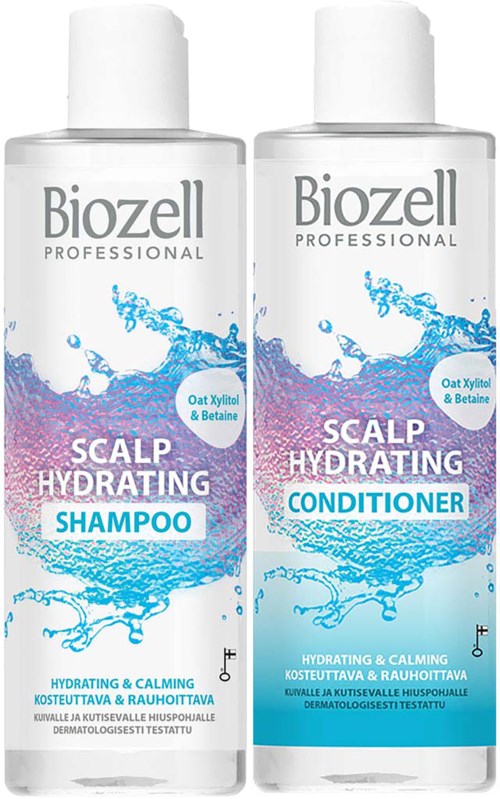 Två flaskor med Biozell Professional hårvårdsprodukter för hårbotten, schampo och balsam, med vattenstänk design.